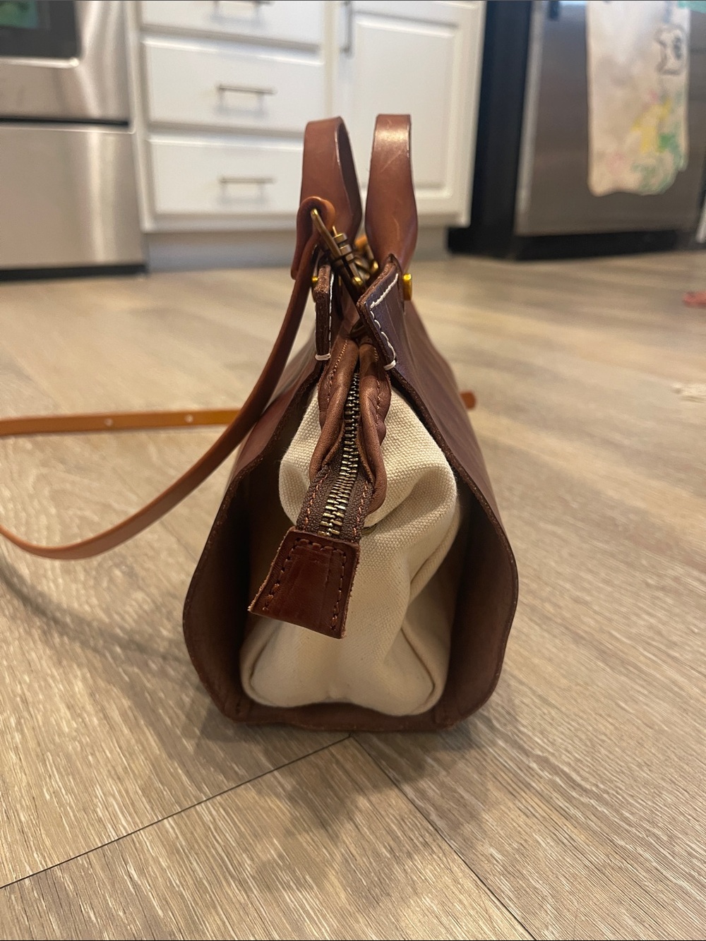 Old Trend Modern Vintage Leather w/Cream Canvas Crossbody Satchel & Top Handle - Picture 11 of 11